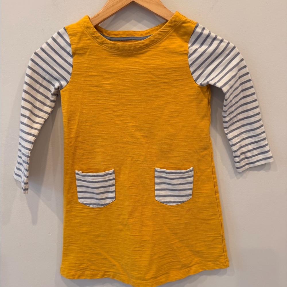 Mini Boden Mustard Yellow Dress‎ Striped Sleeves Pockets 5-6Y EUC